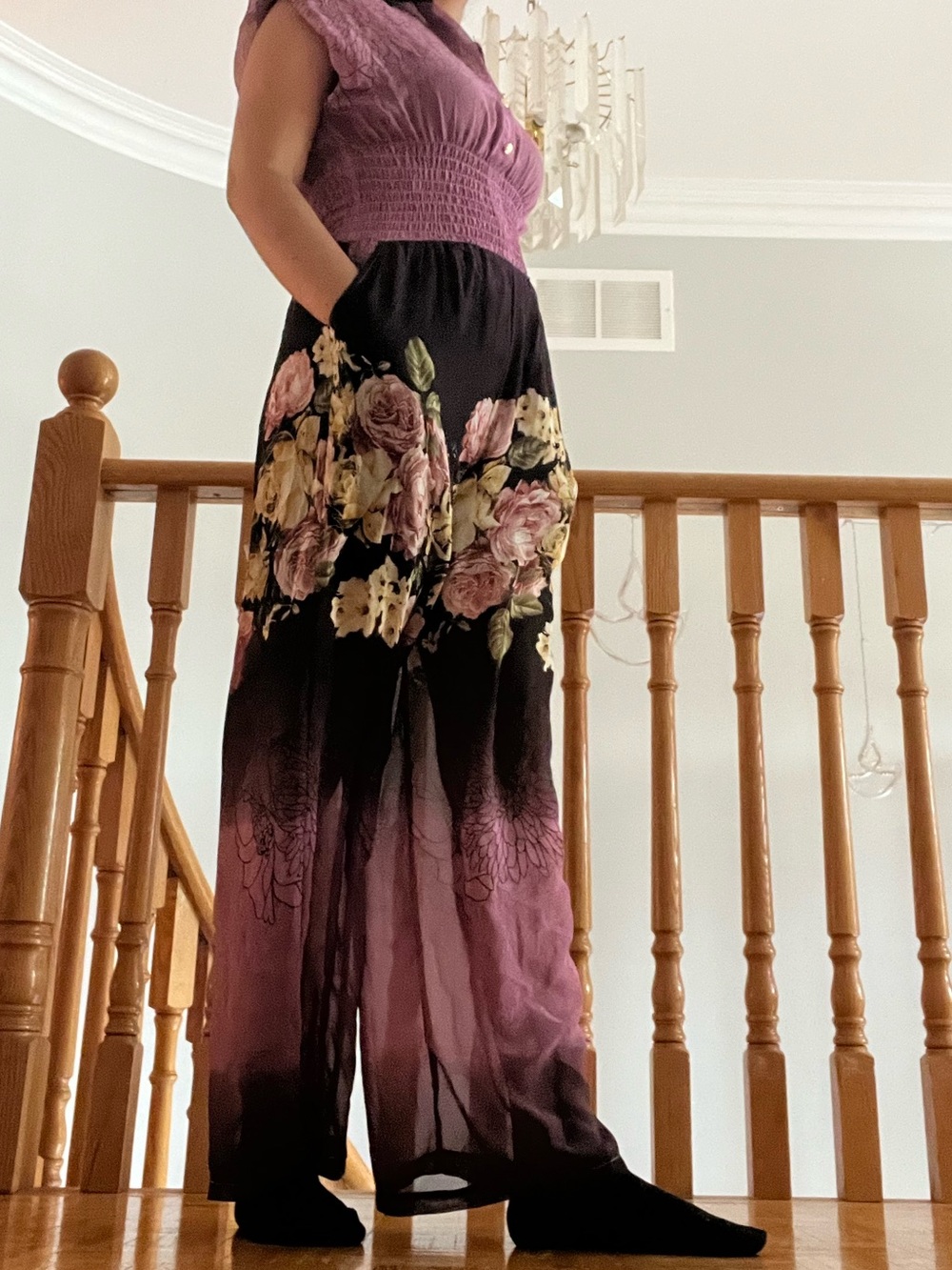 Women’s Size Medium Smocked Floral Ombre Wide-Leg Jumpsuit in Purple and Black